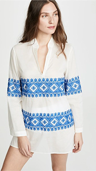 Shop Tory Burch Stephanie Embroidered Tunic In New Ivory/bondi Blue