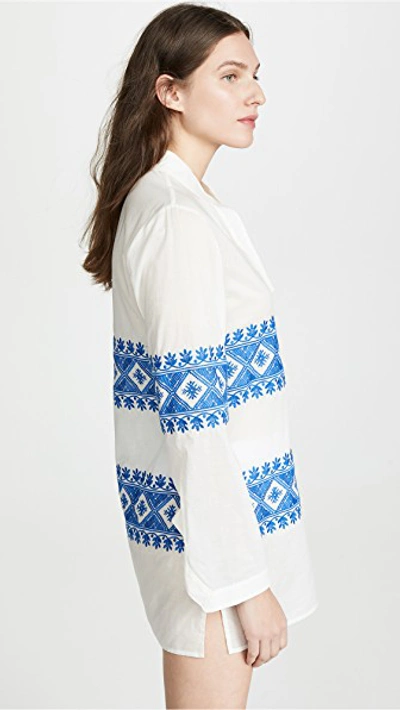Shop Tory Burch Stephanie Embroidered Tunic In New Ivory/bondi Blue
