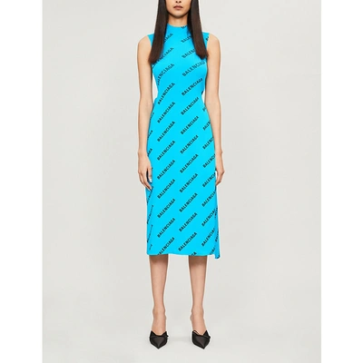 Shop Balenciaga Logo-print Ribbed Knitted Dress In Turquoise Black