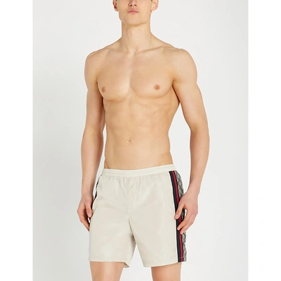 Shop Gucci Logo-tape Relaxed-fit Swim Shorts In Cream