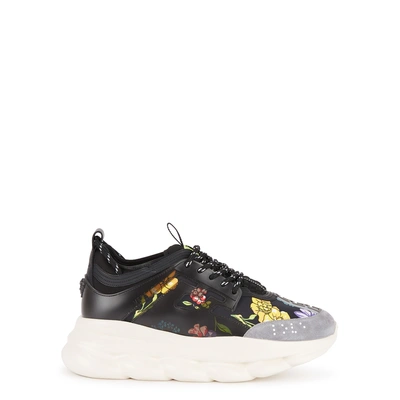 Shop Versace Chain Reaction Floral-print Trainers In Black
