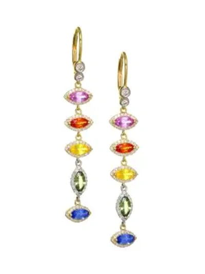 Shop Meira T 14k Yellow Gold, Diamond & Rainbow Sapphire Drop Earrings In Multi