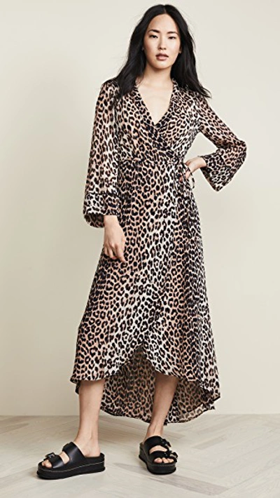 Shop Ganni Printed Georgette Wrap Dress In Leopard