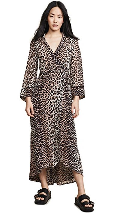 Shop Ganni Printed Georgette Wrap Dress In Leopard