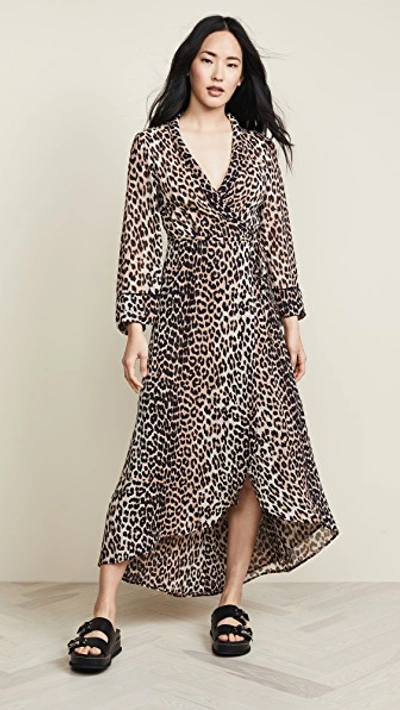 Shop Ganni Printed Georgette Wrap Dress In Leopard