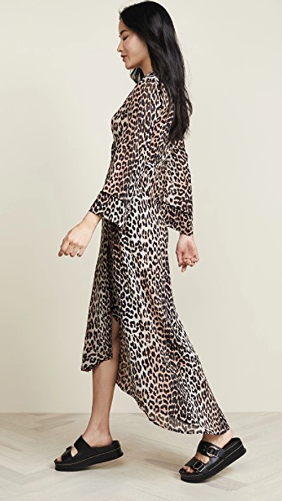 Shop Ganni Printed Georgette Wrap Dress In Leopard