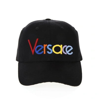 Shop Versace Black Cotton Multicolor Logo Hat