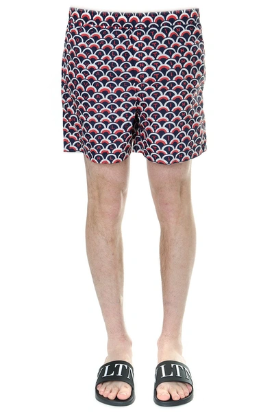 Shop Valentino Blu And Red Optical Printed Swim Shorts In Blue/multicolor
