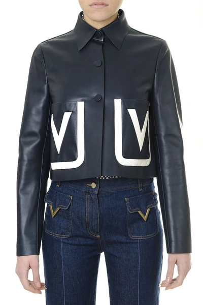 Shop Valentino Blue Leather V Logo Pockets Jacket In Basic