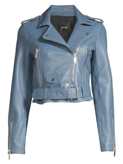 Shop Lth Jkt Mya Cropped Belted Leather Biker Jacket In Savanna Blue