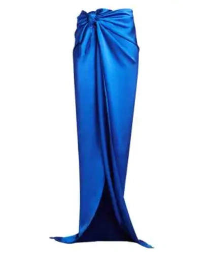 Shop Balenciaga Knotted Stretch Satin Long Skirt In Royal Blue