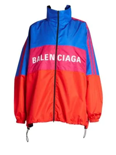 Shop Balenciaga Oversize Colorblock Logo Windbreaker In Ruby