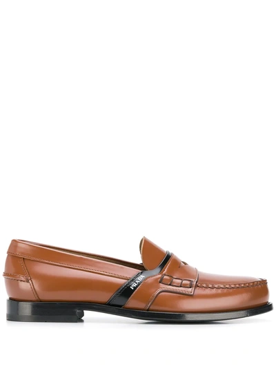 Shop Prada Classic Logo Loafers - Brown