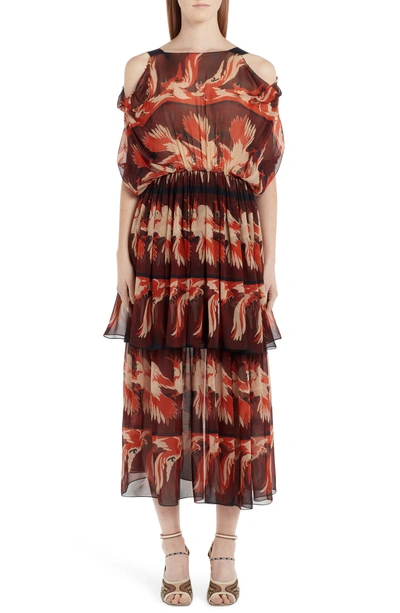 Shop Fendi Parakeet Print Cold Shoulder Silk Dress In F16ef Acai