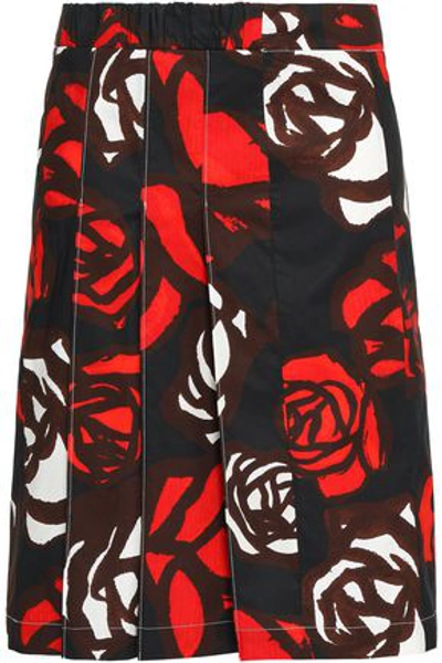 Shop Marni Pleated Floral-print Cotton-poplin Skirt In Black