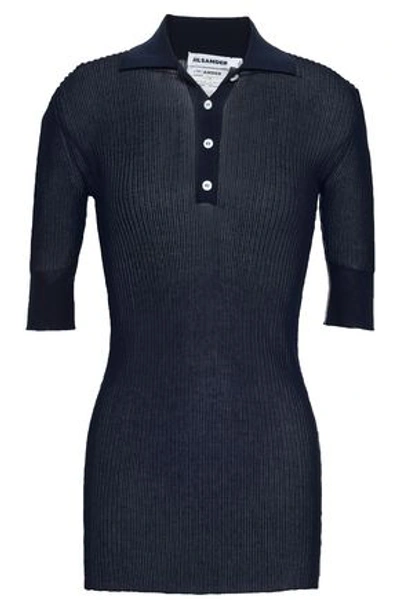 Shop Jil Sander Woman Ribbed Cotton-blend Polo Shirt Navy