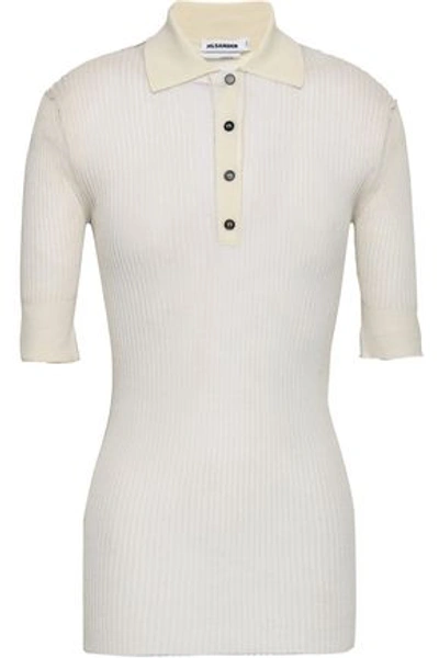 Shop Jil Sander Woman Ribbed Cotton-blend Polo Shirt Ivory