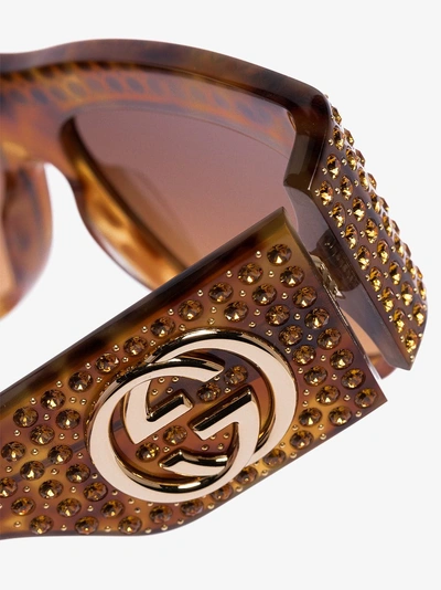Shop Gucci Brown Crystal Embellished Oversized Tortoiseshell Sunglasses