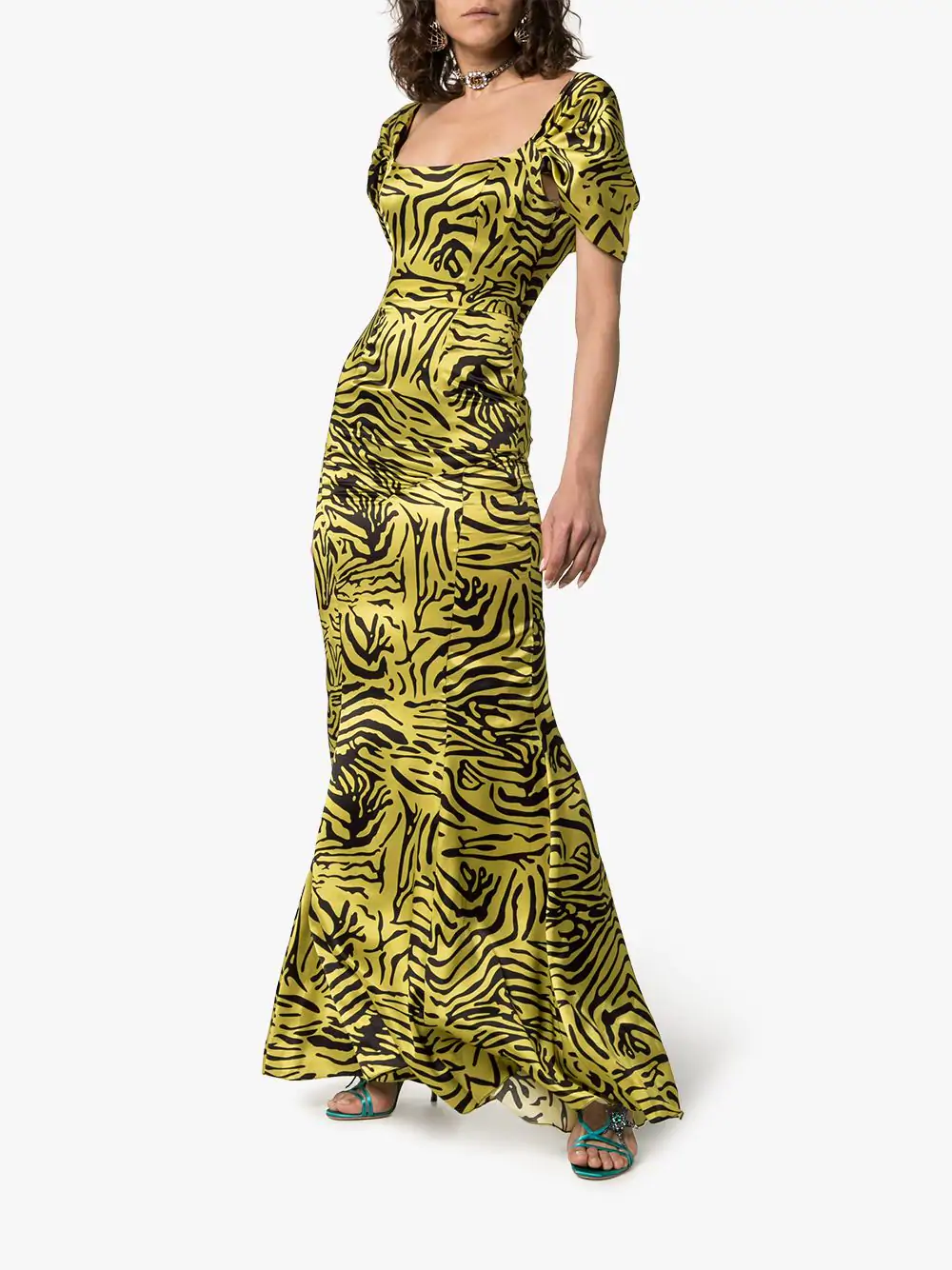 De La Vali Alma Tiger-print Silk-satin Maxi Dress In Gold | ModeSens