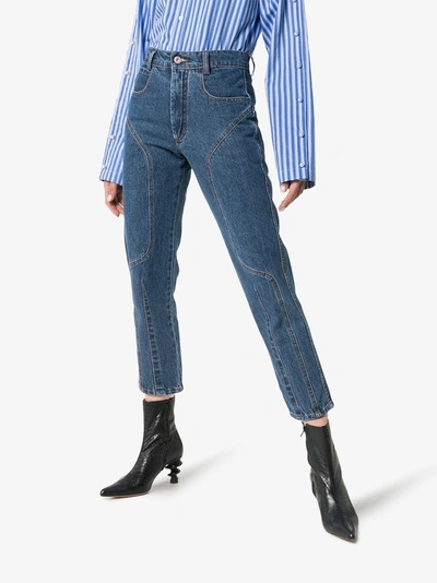 Shop Delada Moto High-waisted Straight Leg Cropped Jeans In Blue