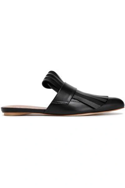 Shop Marni Woman Fringed Glossed-leather Slippers Black
