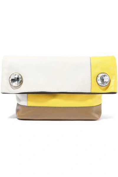 Shop Marni Woman Crystal-embellished Color-block Leather Clutch Neutral