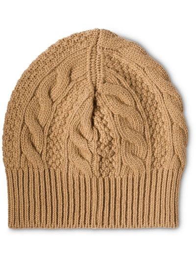 Shop Prada Cable Knit And Ribbed Beanie In Braun