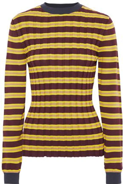 Shop Marni Woman Striped Ribbed-knit Sweater Burgundy