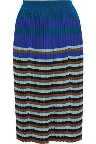 Shop Marni Woman Pleated Striped Wool Skirt Petrol