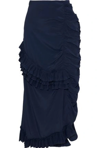 Shop Marni Ruffled Crepe De Chine Midi Skirt In Navy