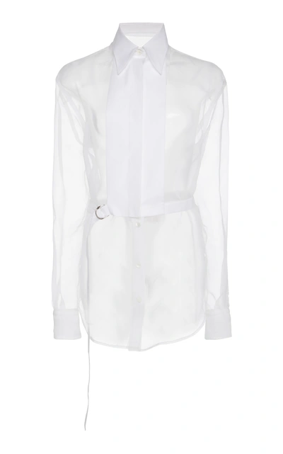 Shop Helmut Lang Belted Sheer Silk-chiffon Button-front Top In White