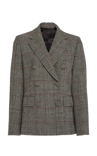 Shop Helmut Lang Prince Of Wales Double-breasted Wool Blazer In Grey