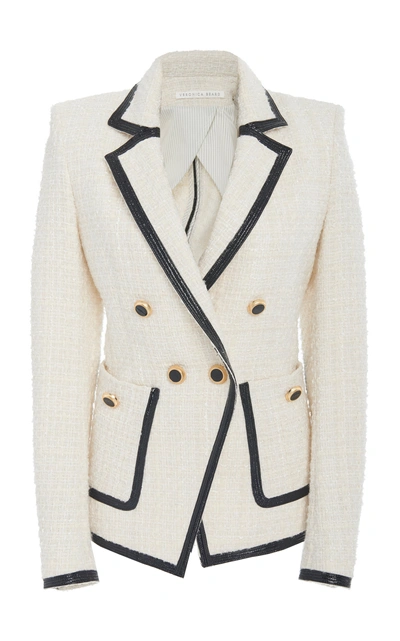 Shop Veronica Beard Verona Leather-trimmed Tweed Blazer Jacket In White