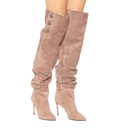 Shop Balmain Suede Over-the-knee Boots In Beige