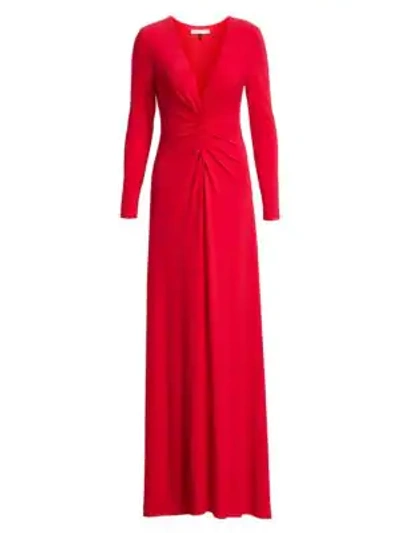 Shop Halston Heritage V-neck Ruched Jersey Gown In Carmine