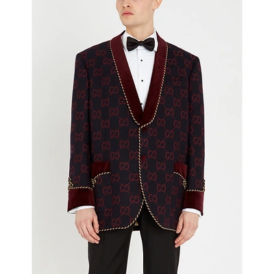 Shop Gucci Gg-motif Wool-flannel Blazer In Navy