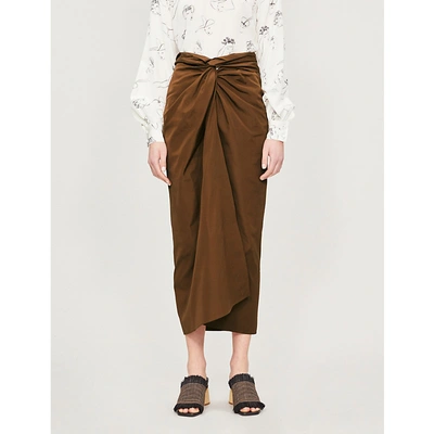 Shop Max Mara Tacito High-waist Gathered Cotton Midi Skirt In Cuoio Scuro