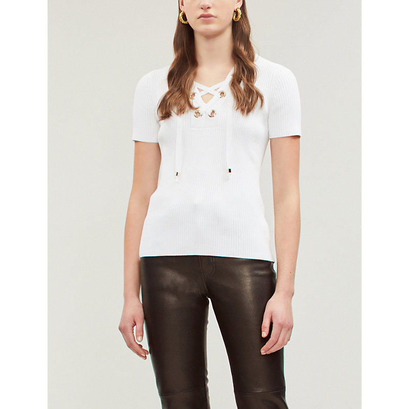 Michael Michael Kors Lace-up Neck Ribbed Stretch-knit Jumper In White |  ModeSens