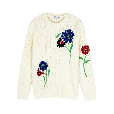 Shop Red Valentino Cream Embroidered Cable-knit Jumper