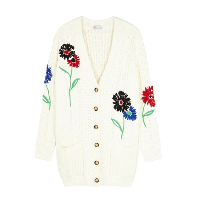Shop Red Valentino Cream Embroidered Cable-knit Cardigan