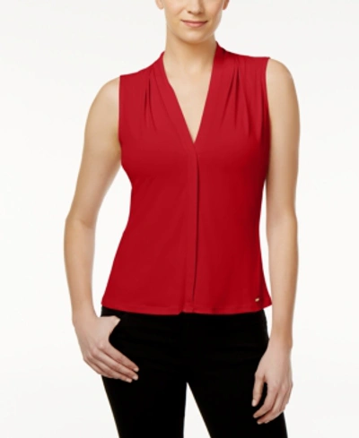 Shop Calvin Klein Gathered V-neck Sleeveless Top In Red