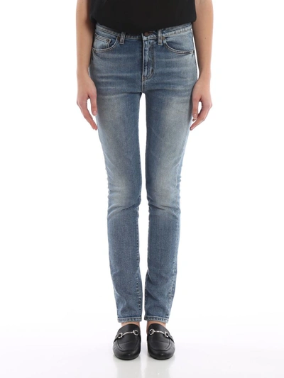 Shop Saint Laurent Embroidered Skinny Jeans In Used Medium Blue