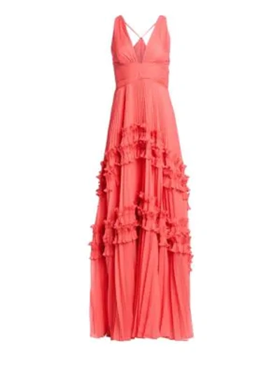 Shop Halston Heritage Sleeveless Pleated Georgette Gown In Strawberry