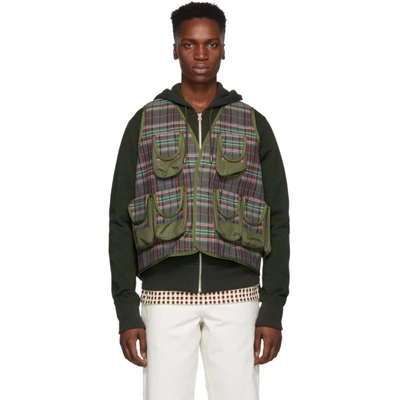 Shop Junya Watanabe Brown And Green Oxford Check Vest In 1 Brwn/grn