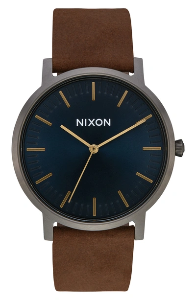 Shop Nixon The Porter Leather Strap Watch, 40mm In Brown/ Indigo/ Gunmetal