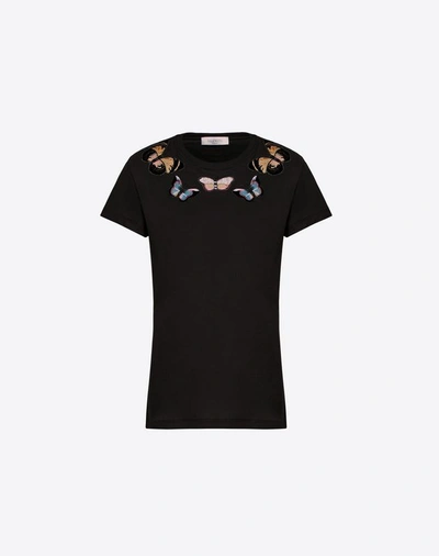 Shop Valentino Embroidered Butterflies Cotton Jersey T-shirt In Black