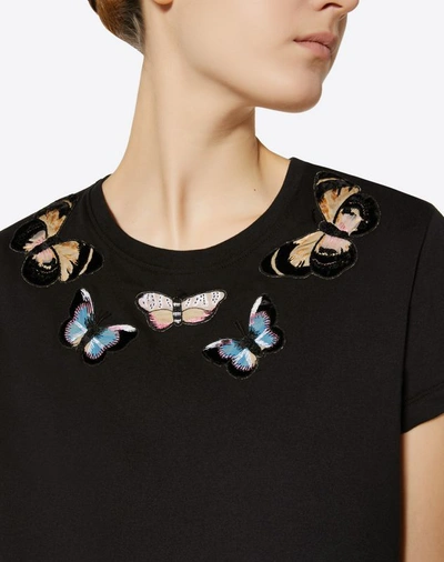 Shop Valentino Embroidered Butterflies Cotton Jersey T-shirt In Black