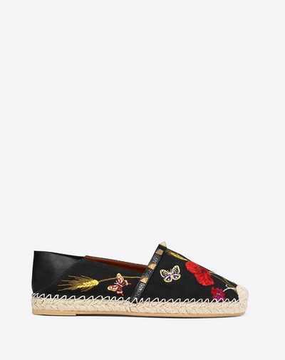 Shop Valentino Garavani Poppy Embroidery Rockstud Double Espadrilles Women Black 100% Cotton 40