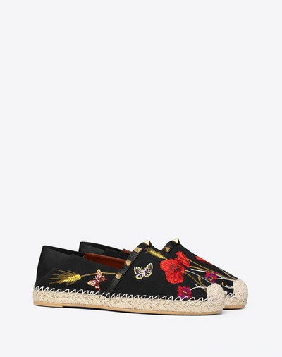 Shop Valentino Garavani Poppy Embroidery Rockstud Double Espadrilles Women Black 100% Cotton 40