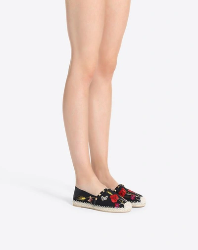 Shop Valentino Garavani Poppy Embroidery Rockstud Double Espadrilles Women Black 100% Cotton 40